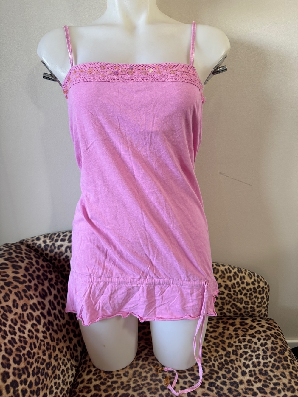 Y2K 725 Originals Pink Lace Ruffle Hem Tank with Sequins